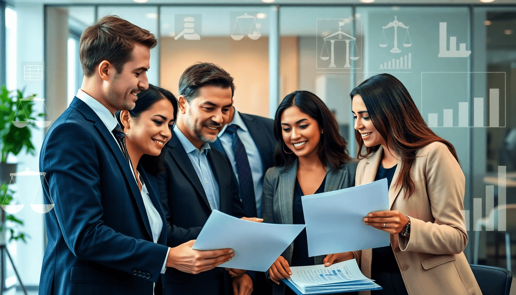 Diverse Business Professionals Discussing Compliance Documents Legal Symbols Modern Office